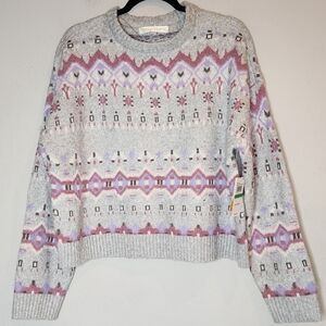 NWT Sugar Moon Juniors' NYC Alliance Fair Isle Sweater Grey Pink Purple Large